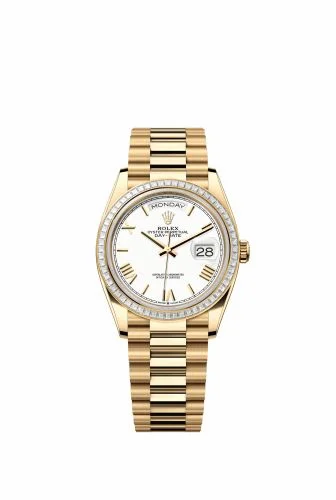Rolex Day-Date 36 Yellow Gold - Baguette / White - Roman / President 128398TBR-0026 (m128398tbr-0026)